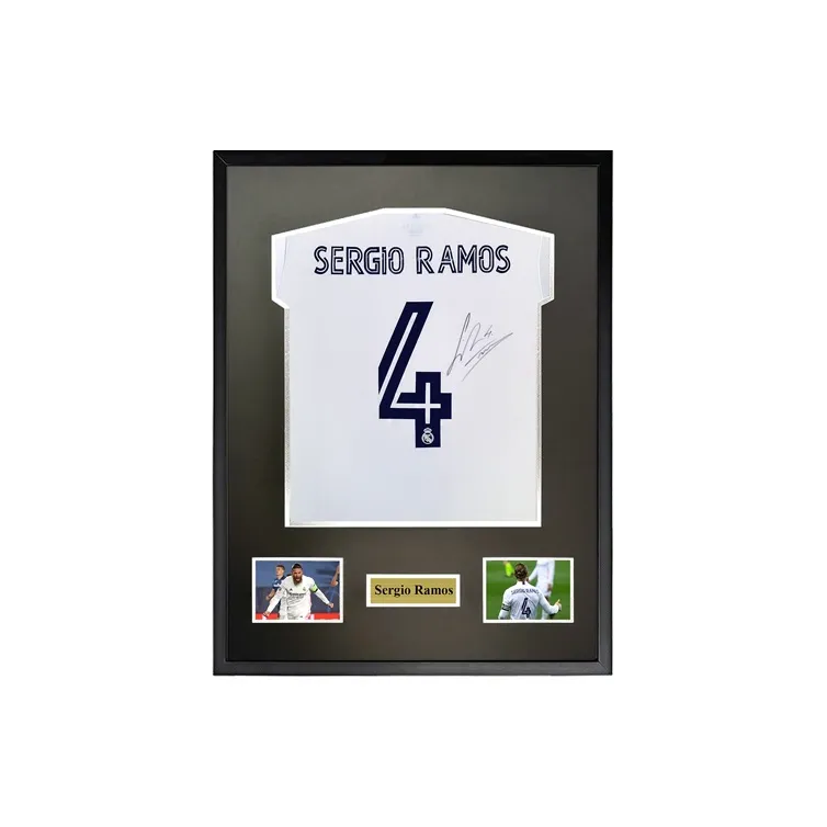 Three For Ramos 20-21 Real Madrid Signed Soccer Apparel Jersey Framed With Certificate Of Authenticity-1
