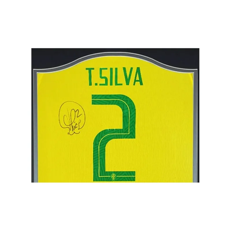 Three For Thiago Silva 2018 Brazil, Autographed Signature, Soccer Apparel Jersey, Includes Certificate, Framed-1