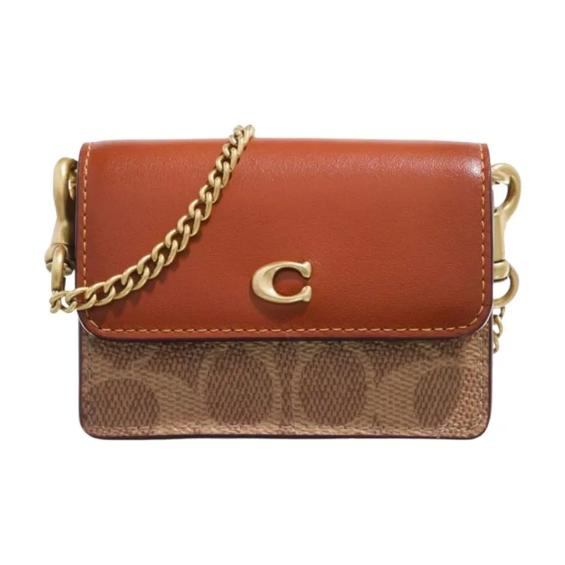 COACH Signature Coated Canvas With Exquisite Calfskin One Shoulder Crossbody Card Holder Mini Women's Tawny-1