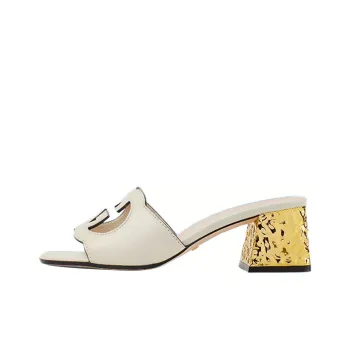 GUCCI Interlocking G Leather Sandals White Golden Women's
