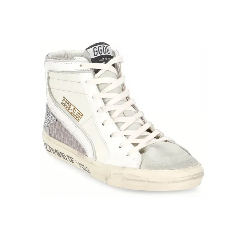 Golden Goose Slide High Top Stylish Skateboarding Shoes Women's White Gray Vintage Version-2