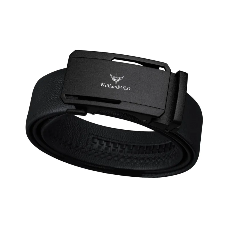 WilliamPOLO Cow Leather Leather Belts Men's White Logo Black Buckle Width 3.5CM-1