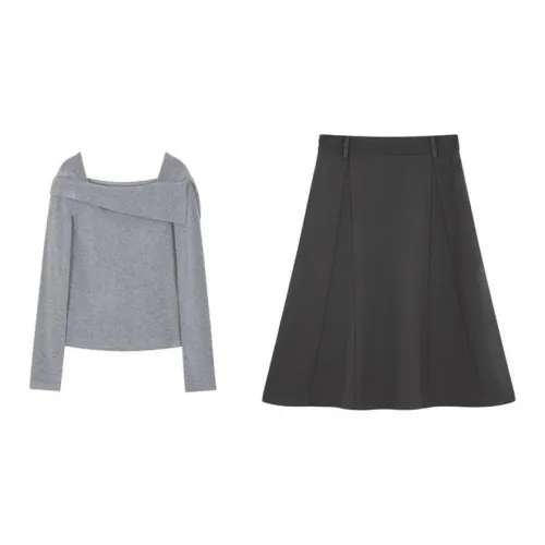 Mo Han Yi Mei Two Piece Skirt Sets Women's Light Gray With Dark Gray