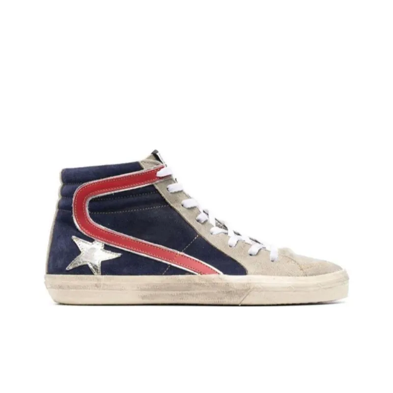Golden Goose Slide Mid-Top Skateboard Shoes Men's Beige Blue Vintage Version-1