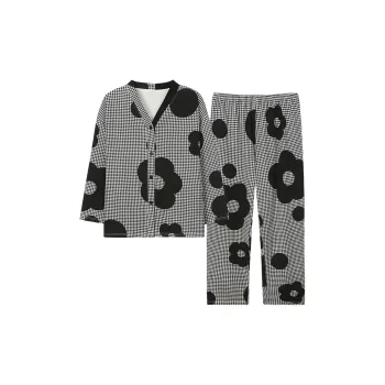 MIIOW Pajama Set Women's Black Polka Dots With Flowers