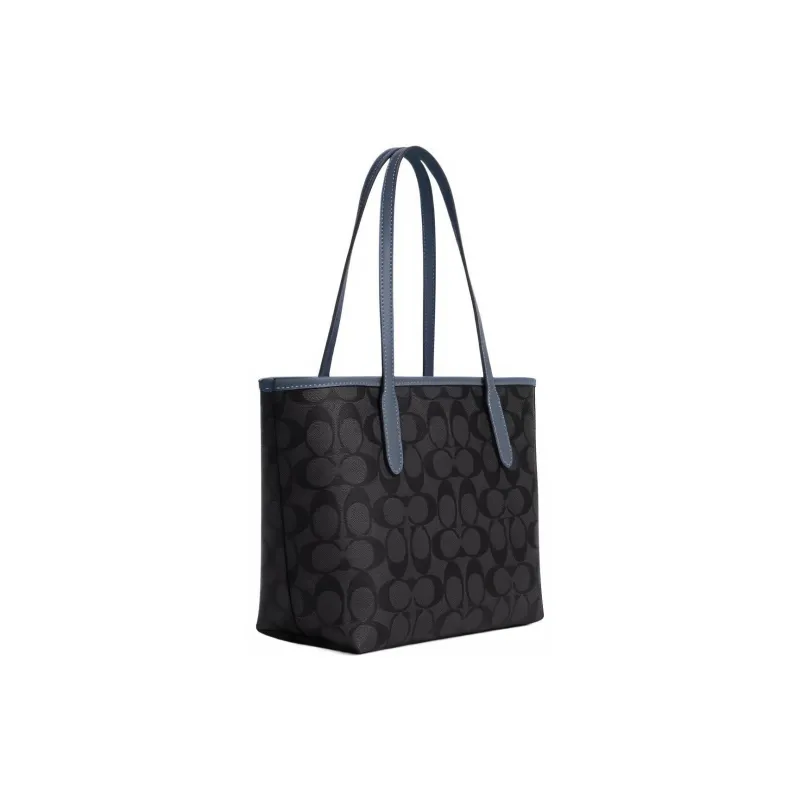 COACH City Canvas With Leather Tote Bag Shopping Bag Handbag Shoulder Bag Women's Brown & Blue-2