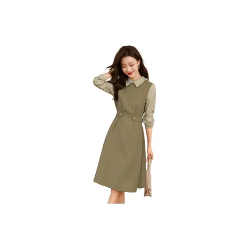 Mo Han Yi Mei Long-Sleeved Dresses Women's Khaki