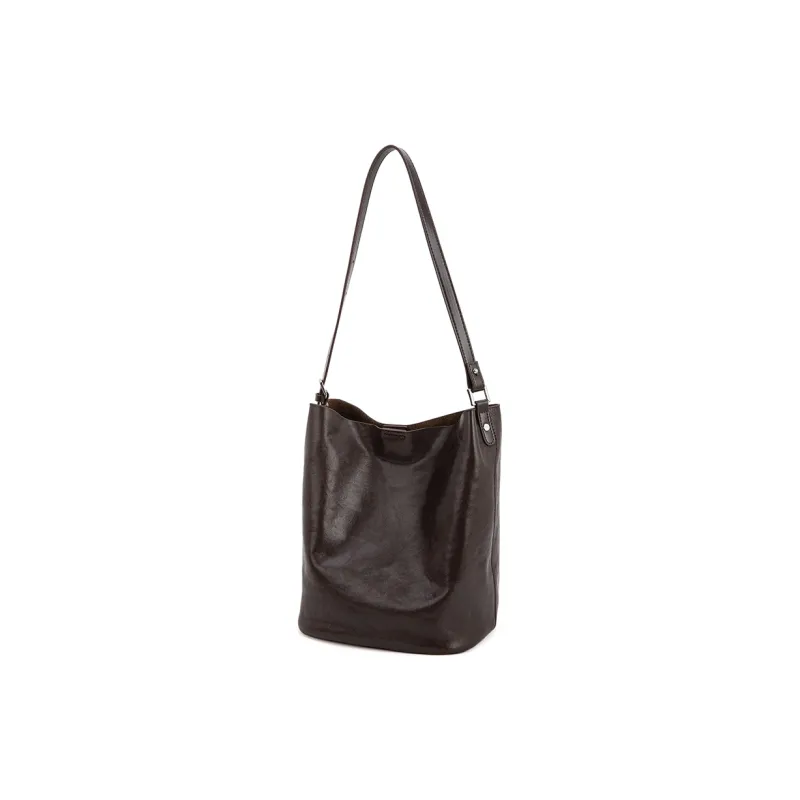 VENOF Cow Leather Bucket Bag, Handbag, Shoulder Bag Women's Vegetable Tanned Coffee/Vegetable Tanned Black-3