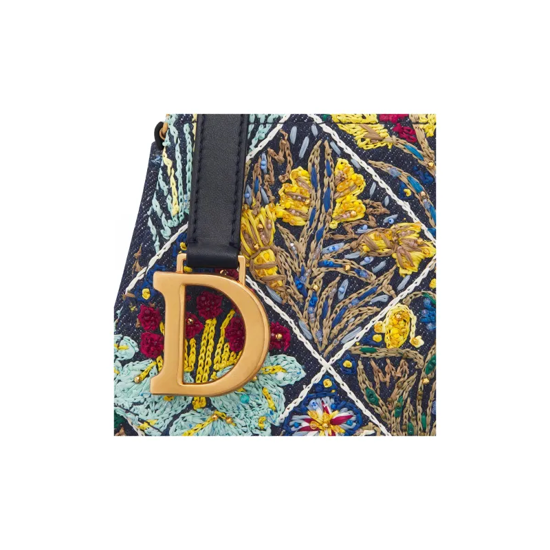 DIOR Raffia Embroidered Denim Saddle Bag Handheld Handbag Women's Blue Multicolor-4