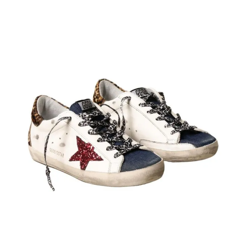 Golden Goose Super Star Low Top Casual Shoes Women's White Blue Leopard Print-4