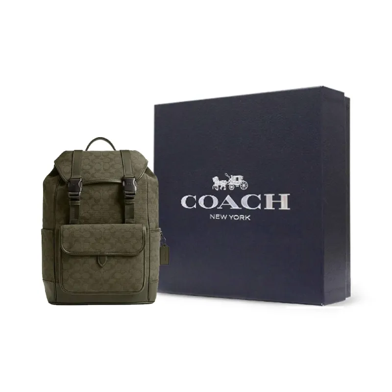 COACH League Fabric Cow Leather Patchwork Backpack Large Size Men's Army Green-6