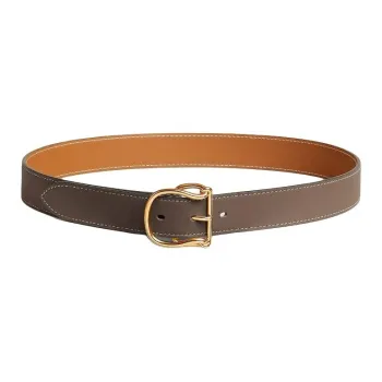 HERMES Brand Logo Gold Plated Leather Belts Unisex Brown Width  3.2cm