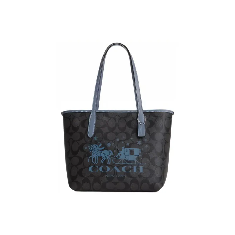 COACH City Canvas With Leather Tote Bag Shopping Bag Handbag Shoulder Bag Women's Brown & Blue-0