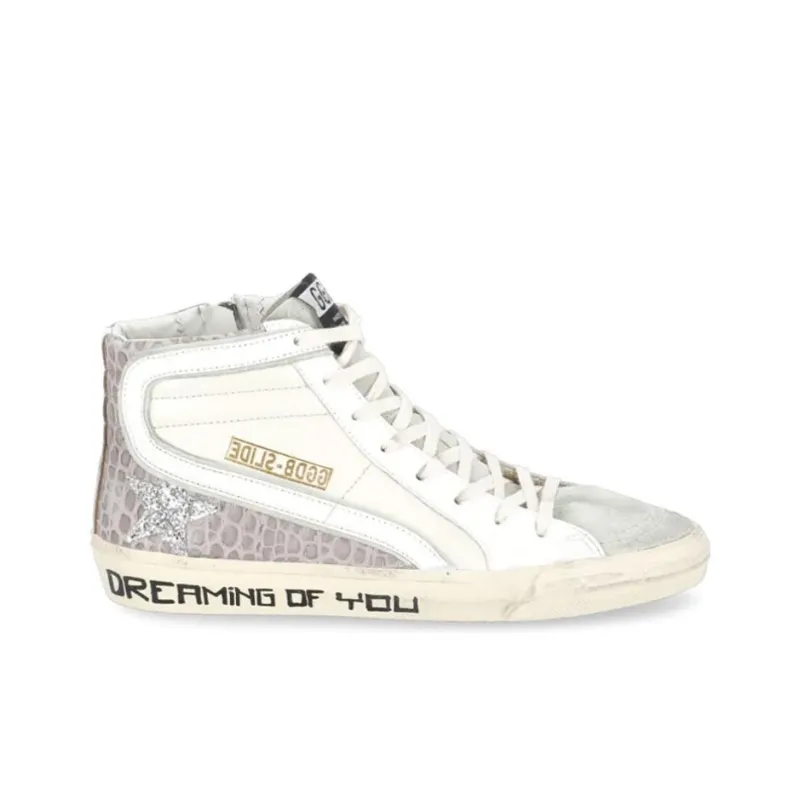 Golden Goose Slide High Top Stylish Skateboarding Shoes Women's White Gray Vintage Version-1