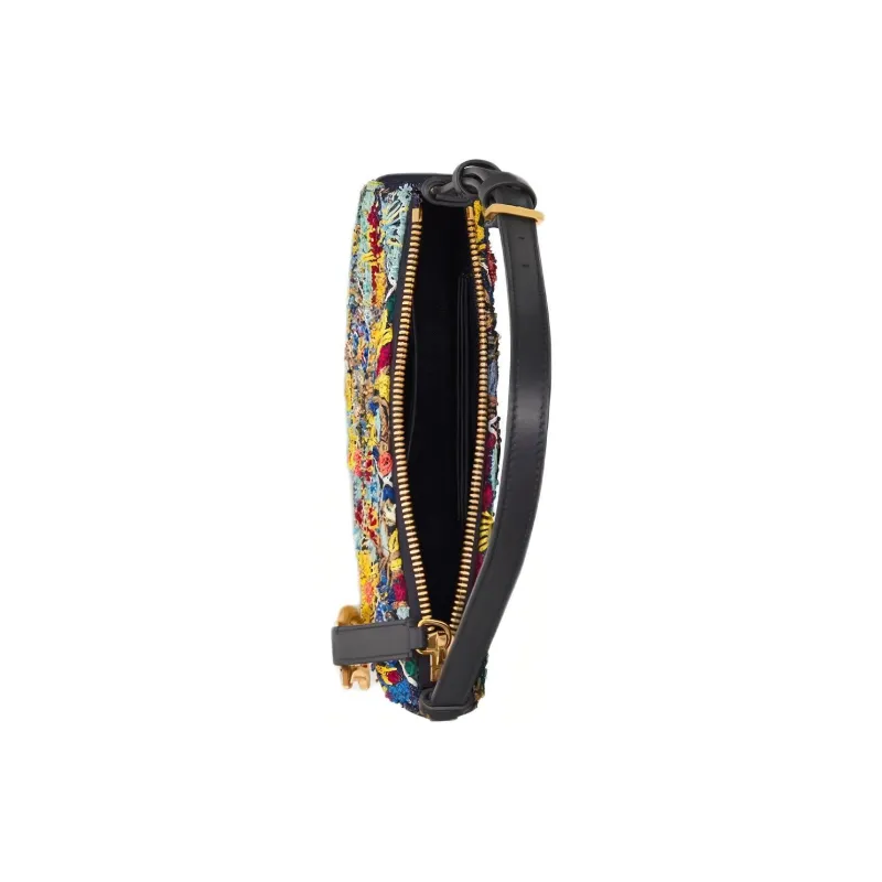 DIOR Raffia Embroidered Denim Saddle Bag Handheld Handbag Women's Blue Multicolor-3