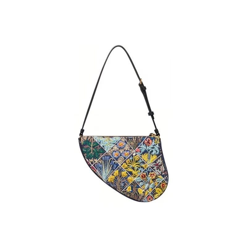 DIOR Raffia Embroidered Denim Saddle Bag Handheld Handbag Women's Blue Multicolor-2
