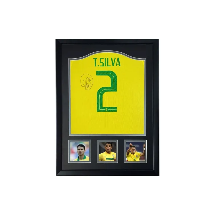 Three For Thiago Silva 2018 Brazil, Autographed Signature, Soccer Apparel Jersey, Includes Certificate, Framed-2