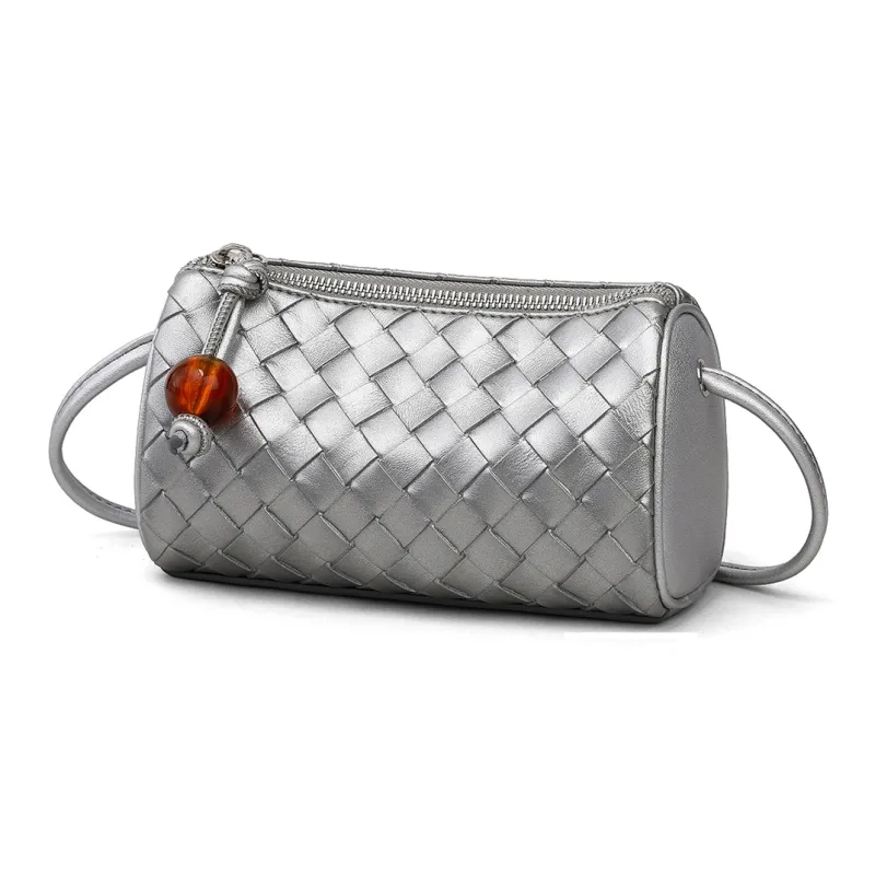 MILLIE'S Cow Leather With Synthetic Leather Cylinder Bag, Shoulder Bag, Crossbody Bag Regular Women's Ecru/Silver-5