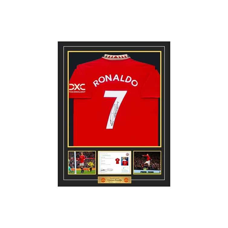 Three For Cristiano Ronaldo Manchester United 22-23 Season Autographed Jersey Includes EM Certificate Framed And Matted-1