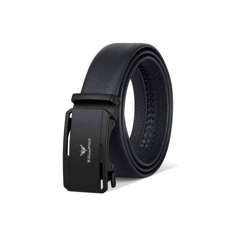 WilliamPOLO Cow Leather Leather Belts Men's White Logo Black Buckle Width 3.5CM-0