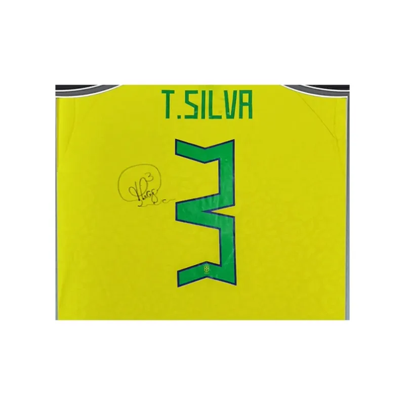 Three For Thiago Silva 2022 Brazil, Autographed Soccer Apparel Jersey, Framed With Certificate-1