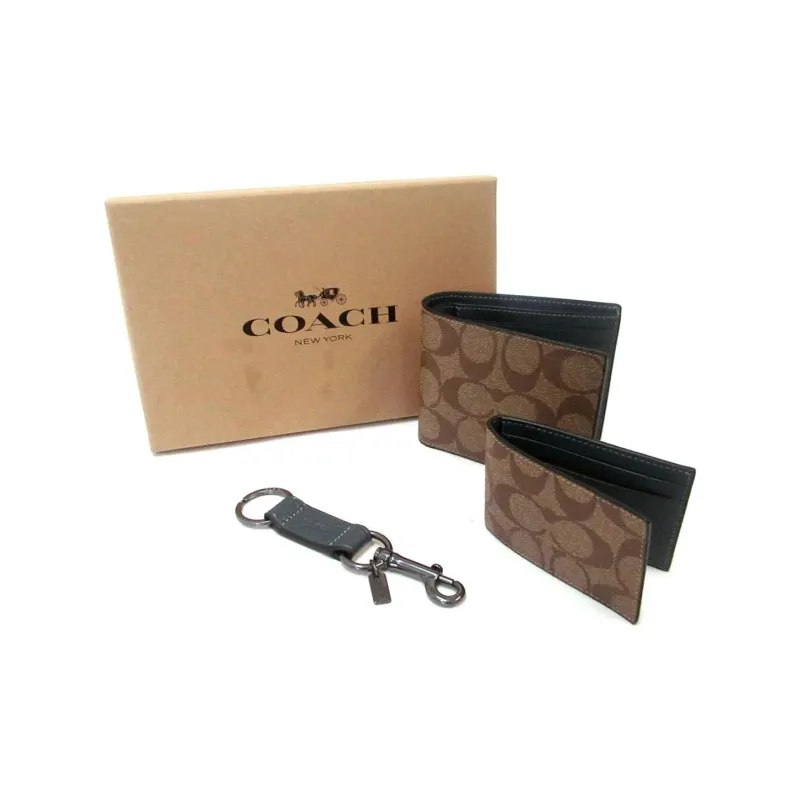 COACH Boxed Signature Coated Canvas Wallet Mini Men's Bronze & Khaki & Denim-1