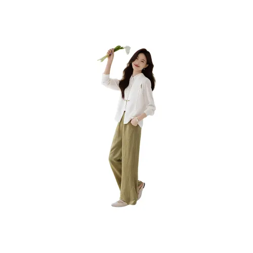 Mo Han Yi Mei Casual Suits Women's Beige Top, Green Bottom