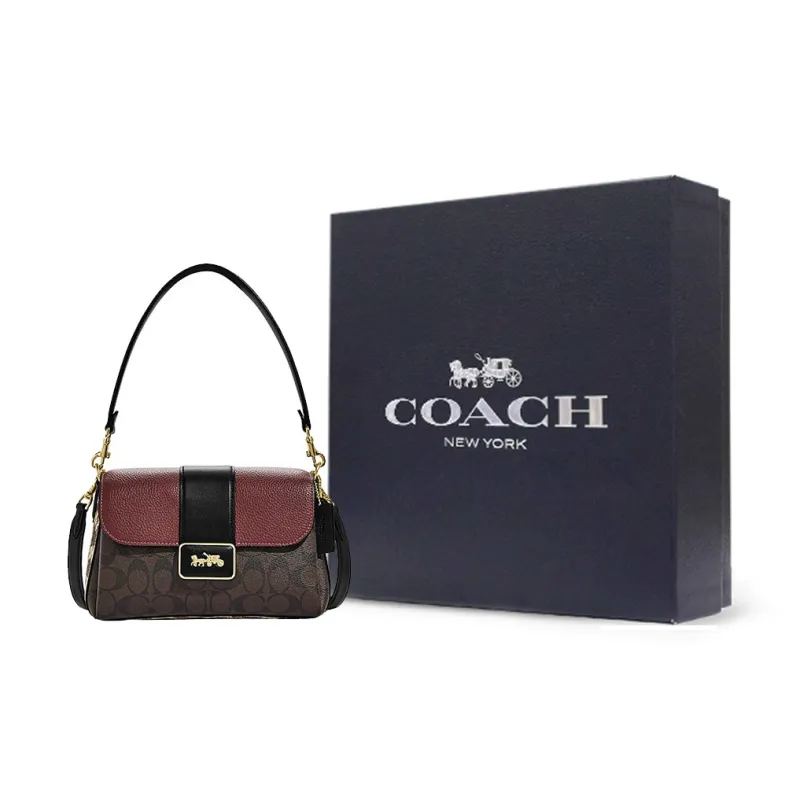 COACH Grace Artificial Leather Bonded Sheepskin Shoulder Bag Portable Crossbody Bag Shoulder Bag Women's Brown & Red-9