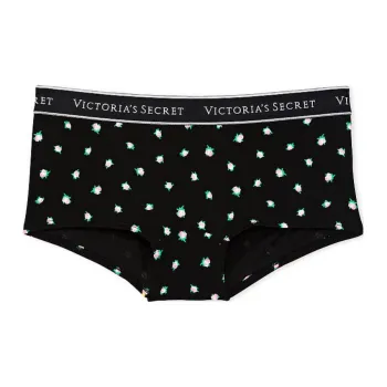 Victoria's Secret Cotton Logo Cotton Boyshort Panty / Black Rosebuds Underpants Women's 1 Pack Black