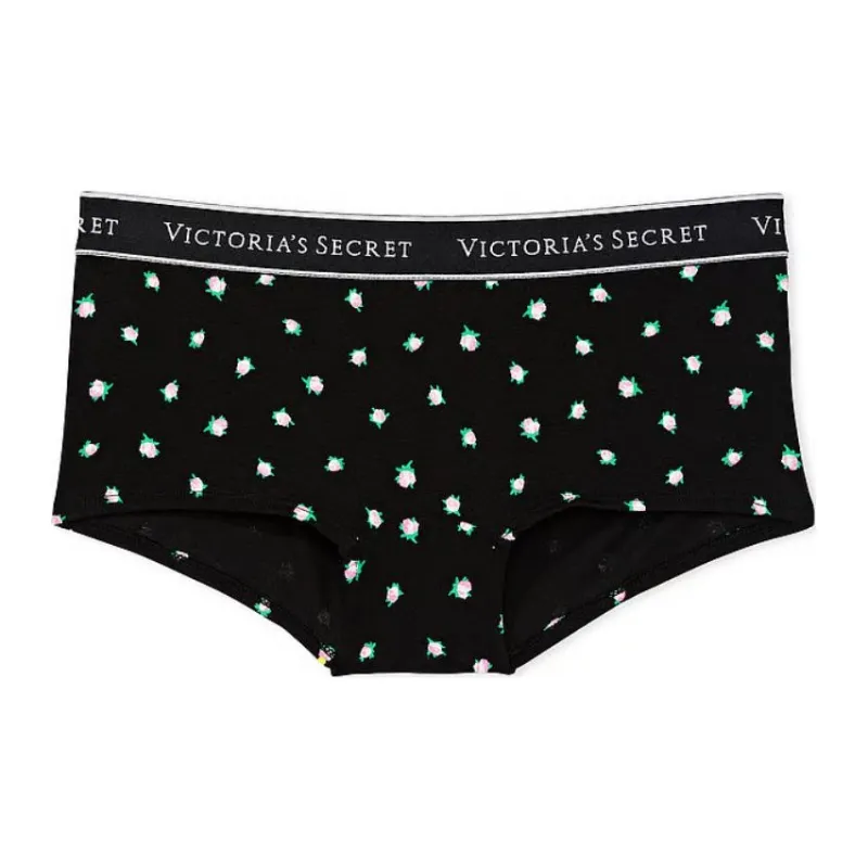 Victoria's Secret Cotton Logo Cotton Boyshort Panty / Black Rosebuds Underpants Women's 1 Pack Black-0