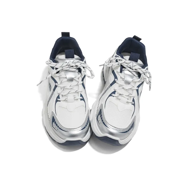 Warrior Low Top Chunky Sneakers Men's White Dark Blue Silver-1