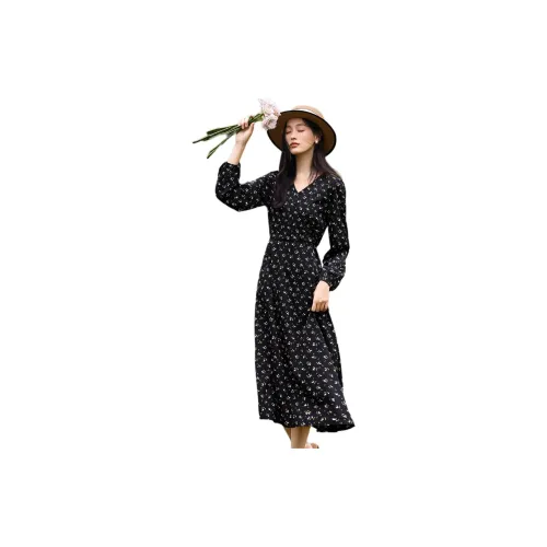 Mo Han Yi Mei Long-Sleeved Dresses Women's Black Background Floral Pattern