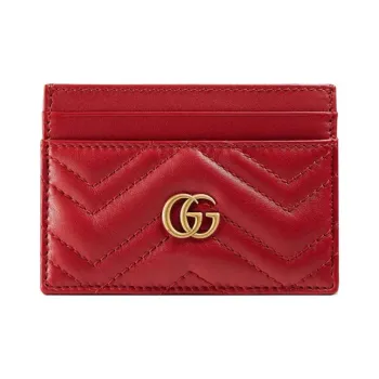 GUCCI GG Marmont Quilted Leather Cow Leather Card Clip Card Holder Women's Red