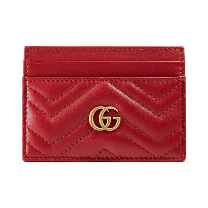GUCCI GG Marmont Quilted Leather Cow Leather Card Clip Card Holder Women's Red-0