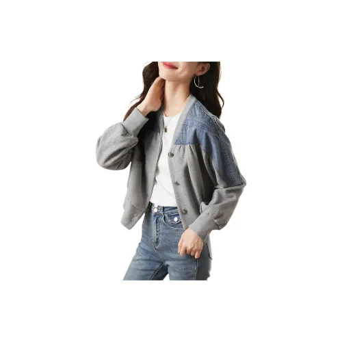 Mo Han Yi Mei Jackets Women's Denim Blue With Patchwork Gray