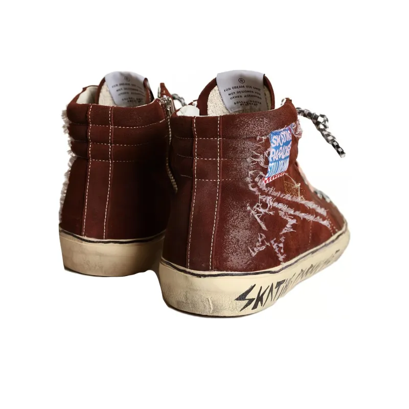 Golden Goose Slide High-Top Skateboard Shoes Men's Chocolate Vintage Version-3
