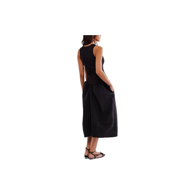 FREE PEOPLE Saemdi Ribbed Drop-Waist Midi Dress Sleeveless Dress Women's BLACK/Black-1