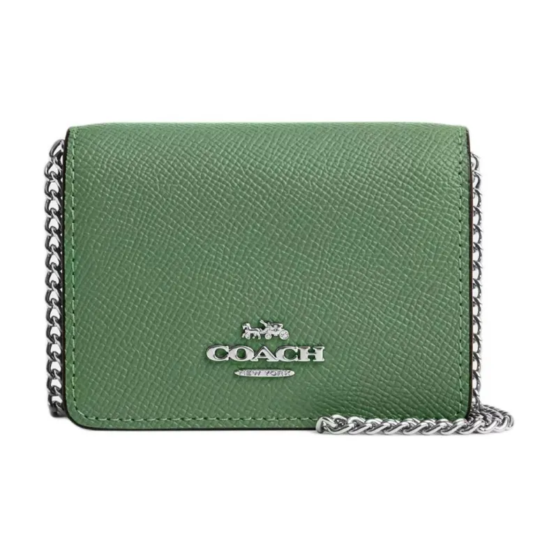 COACH Cross Grain Leather Wallet, Shoulder Bag, Crossbody Bag Mini Women's Silver & Light Green-0