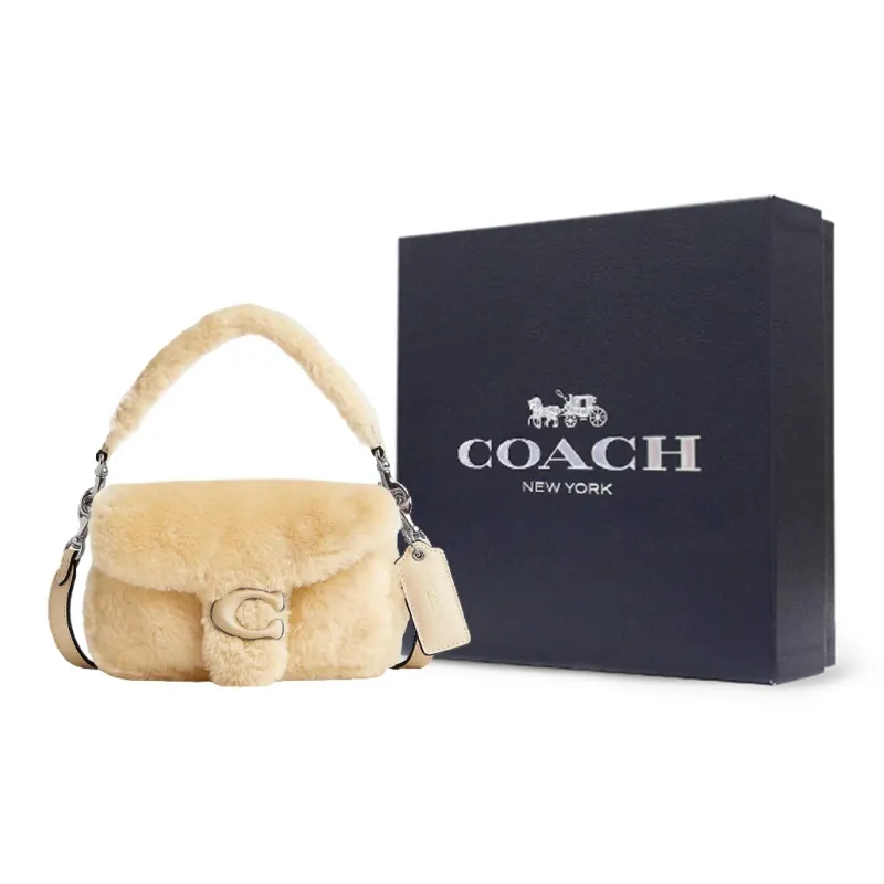 COACH Pillow Sheared Wool Handbag Shoulder Bag Small Size Women's Silver & Cream-5