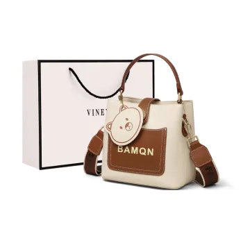 VINEY Cow Leather Handbag Shoulder Bag Crossbody Bag Bucket Bag Large Size Women's White & Brown