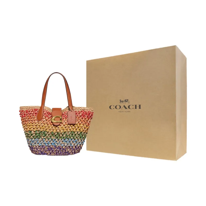 COACH Straw Woven Leather Tote Bag Shopping Bag Basket Bag Handbag Small Size Women's Rainbow-7