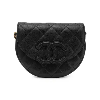 CHANEL Cow Leather Messenger Bag Half Moon Bag Saddle Bag Shoulder Bag Crossbody Bag Small Size Unisex Black