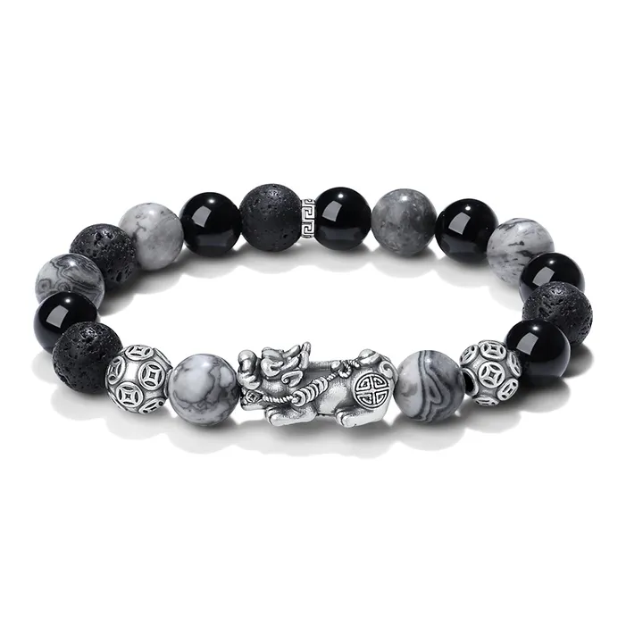 YINCHIE Obsidian S999 Fine Silver Beaded Bracelet Men's-0