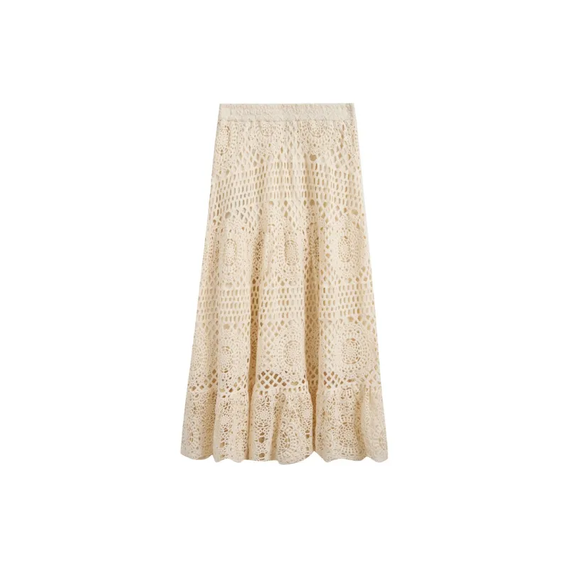 ZIHAN Casual Long Skirts Women's Beige Gold-1