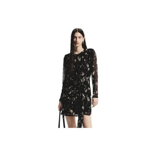 MO&CO Long-Sleeved Dresses Women's Black Apricot Feather Color