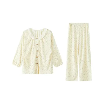 Sleep Cardigan Long-Sleeved Pants Fashionable And Versatile For Students' Dormitory And Home Pajama Set Women's Beige
