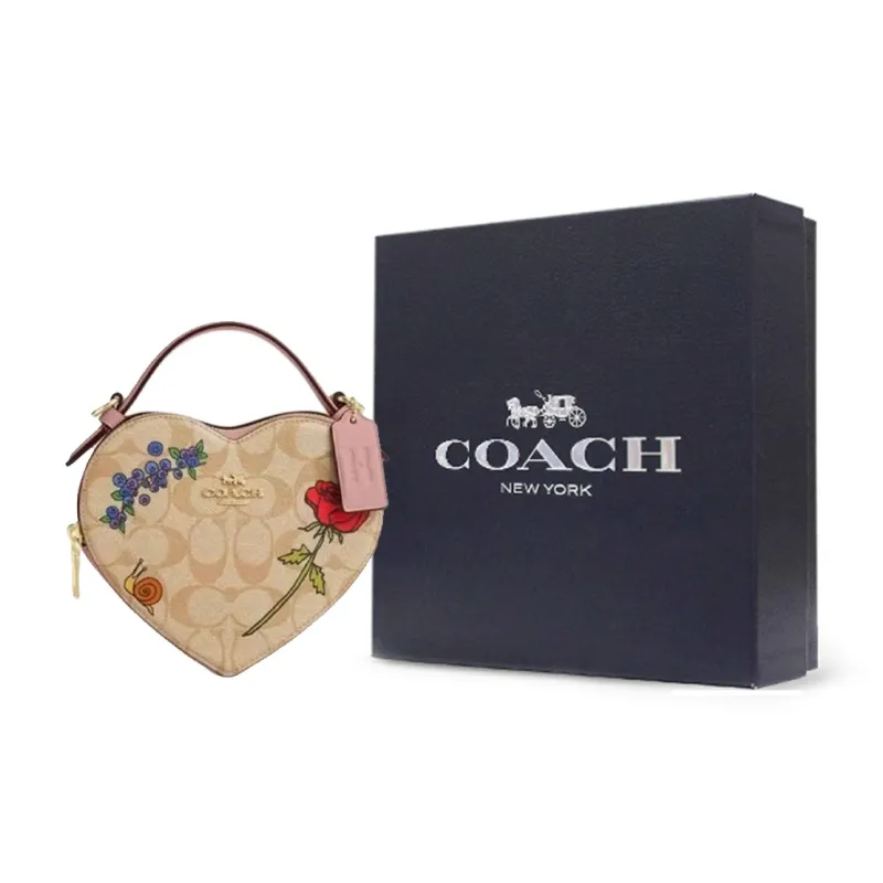 COACH Heart Cow Leather With PVC Leather Shoulder Bag, Crossbody Bag Trumpets Women's Khaki-6