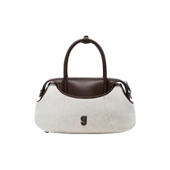 KUNOGIGI Top Grain Cow Leather Patchwork Fabric Shoulder Bag Crossbody Bag Handbags Small Size Women's Canvas White