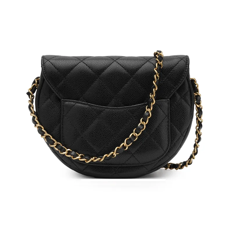 CHANEL Litchi Grain Cow Leather Crescent Bag, Flap Bag, Saddle Bag, Shoulder Bag, Crossbody Bag Trumpets Unisex Black-2