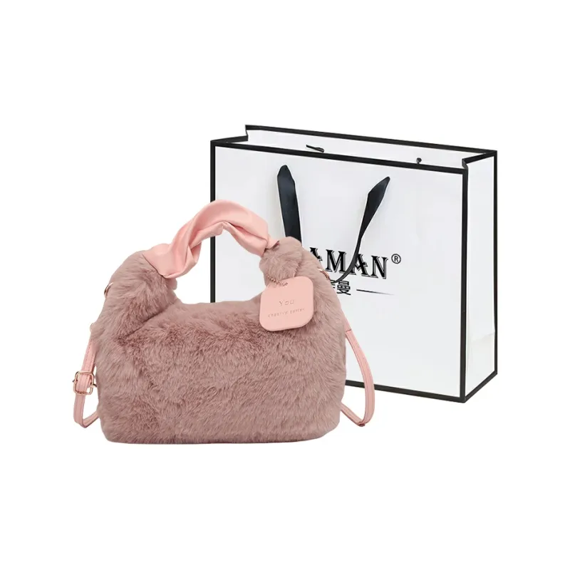 FAMAN Plush Shoulder Bag, Crossbody Bag, Handbag Regular Women's Pink/Black/Coffee/Khaki/Ecru-0